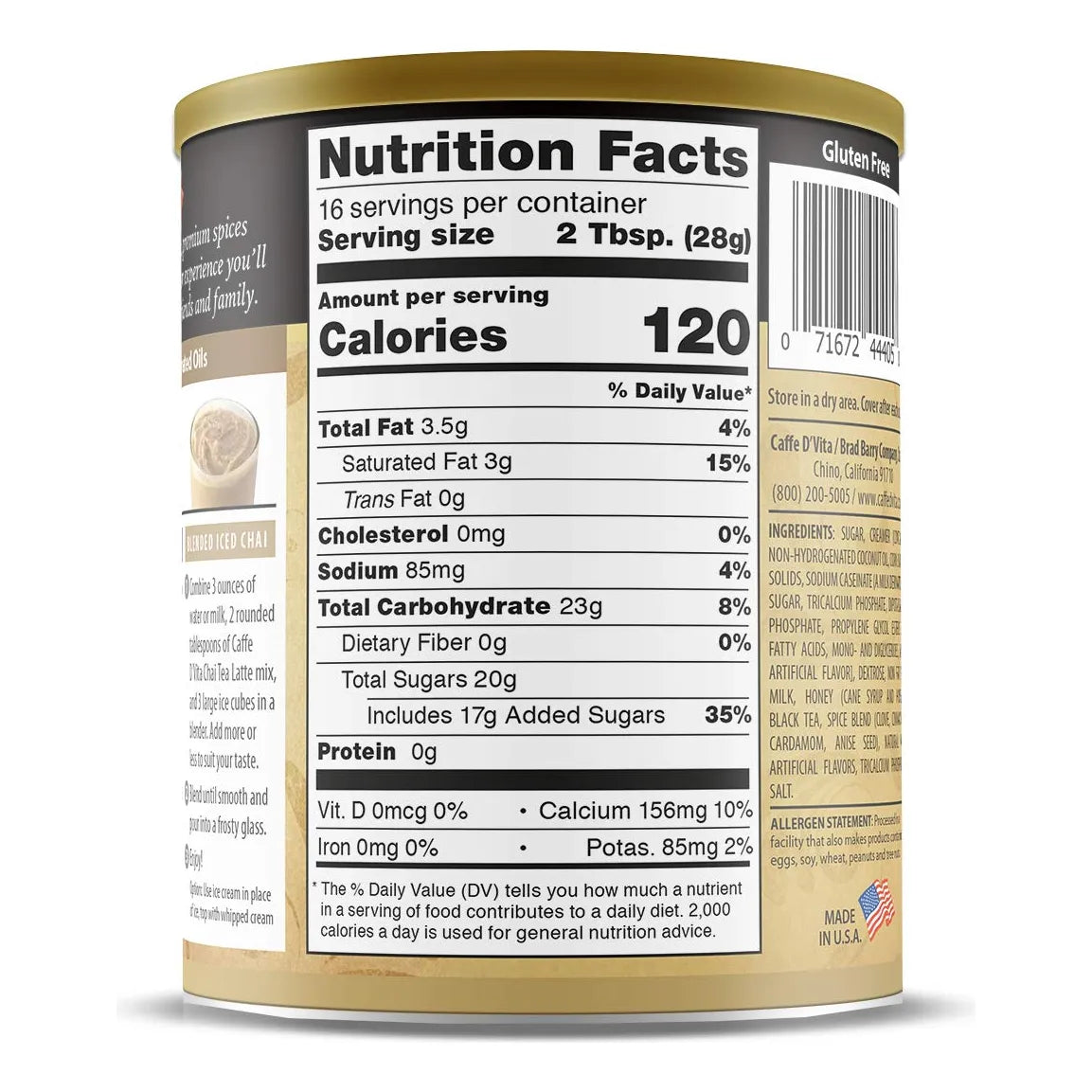 Caffe Dvita Te Chai Latte Mix Con Leche Especias 1 Lb Mezcla Premium Sin Gluten