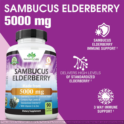 Extracto De Sambucus Saúco 5000 Mg Con Vitamina C Y Zinc 90 Cápsulas