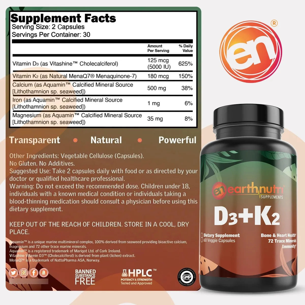 Capsulas Vegetales D3 K2 60 Unidades Para Salud Osea Y Cardiaca Con Vitamina D3 Y MenaQ7