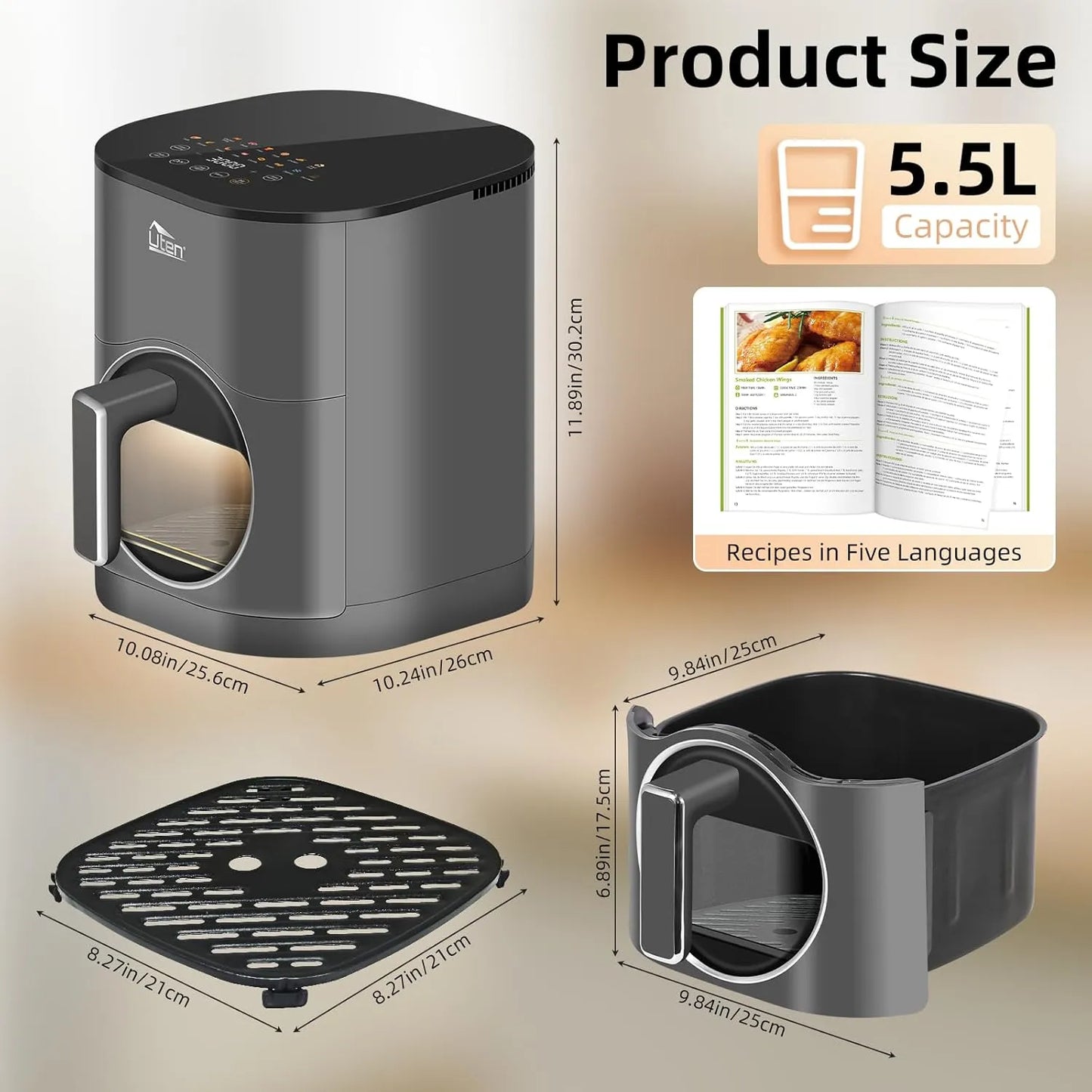 Freidora De Aire Uten 5.5L Cocina Saludable Sin Aceite Multifuncional