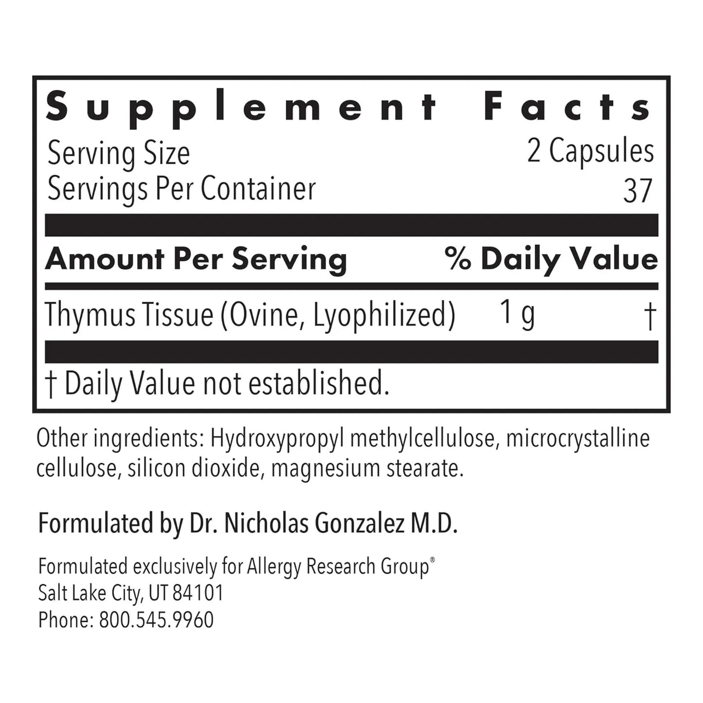 Timo Glandular Crudo Liofilizado 1000 Mg 75 Cápsulas Hipoalergénico Allergy Research Group