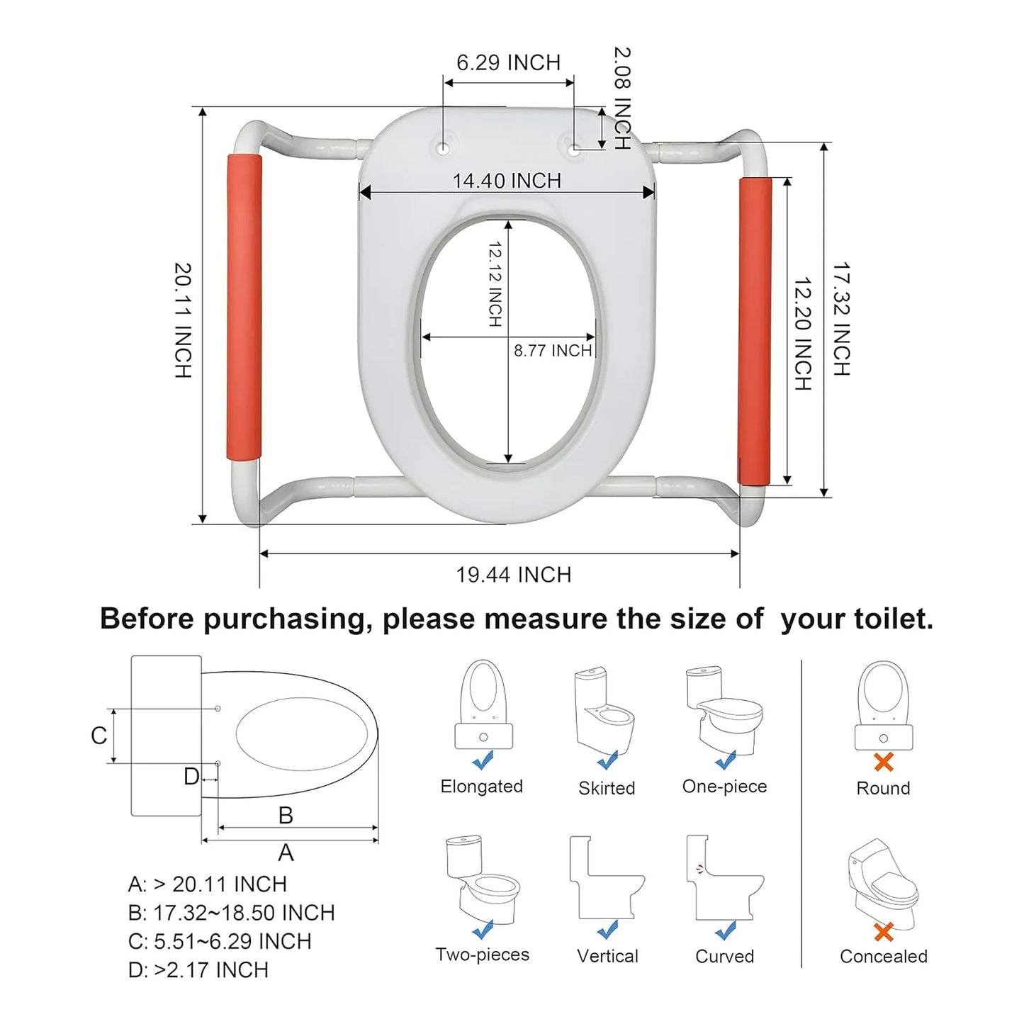 Elevador De Asiento Para Inodoro Con Asas Acolchadas 2 Pulgadas De Altura Seguro Y Comodo
