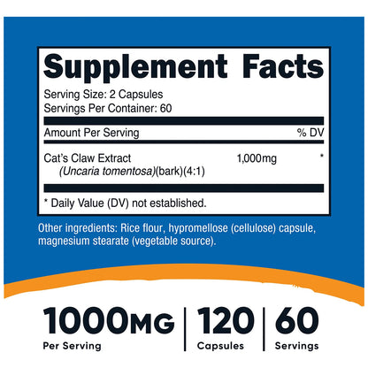 Garra De Gato 1000 Mg 120 Cápsulas Vegetales Sin OMG Ni Gluten