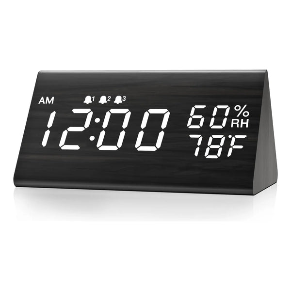 Reloj Despertador Digital Con Pantalla Led Madera 3 Alarmas Temperatura Humedad