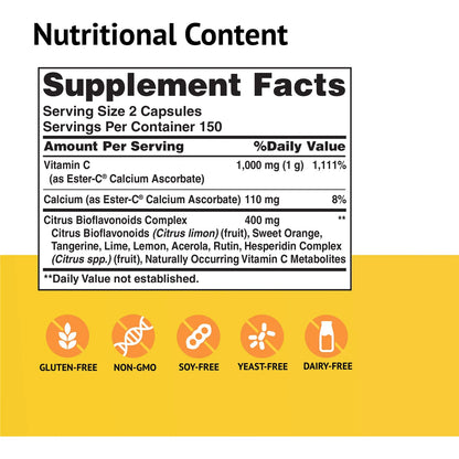 Ester C 500 Mg Con Bioflavonoides Apoyo Inmunologico 24 Horas No Acido 300 Capsulas