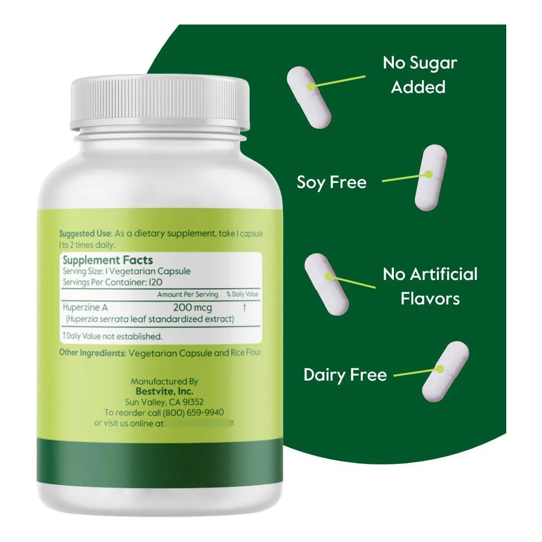 Huperzina A 200 Mcg De Huperzia Serrata Natural 120 Capsulas Vegano Sin Gluten