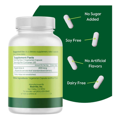 Huperzina A 200 Mcg De Huperzia Serrata Natural 120 Capsulas Vegano Sin Gluten