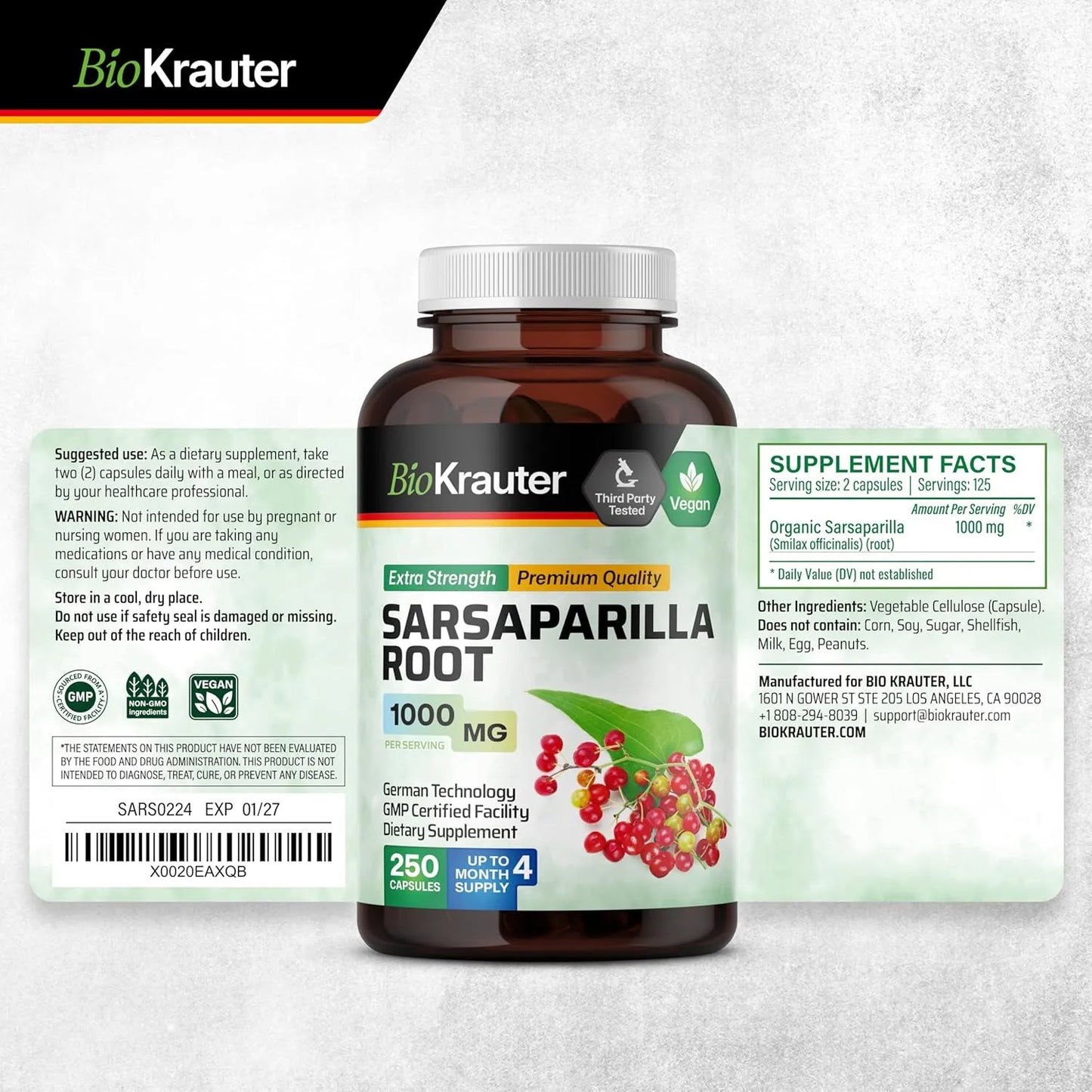 Capsulas De Raiz De Zarzaparrilla 1000 Mg 250 Unidades Veganas Desintoxicacion Natural