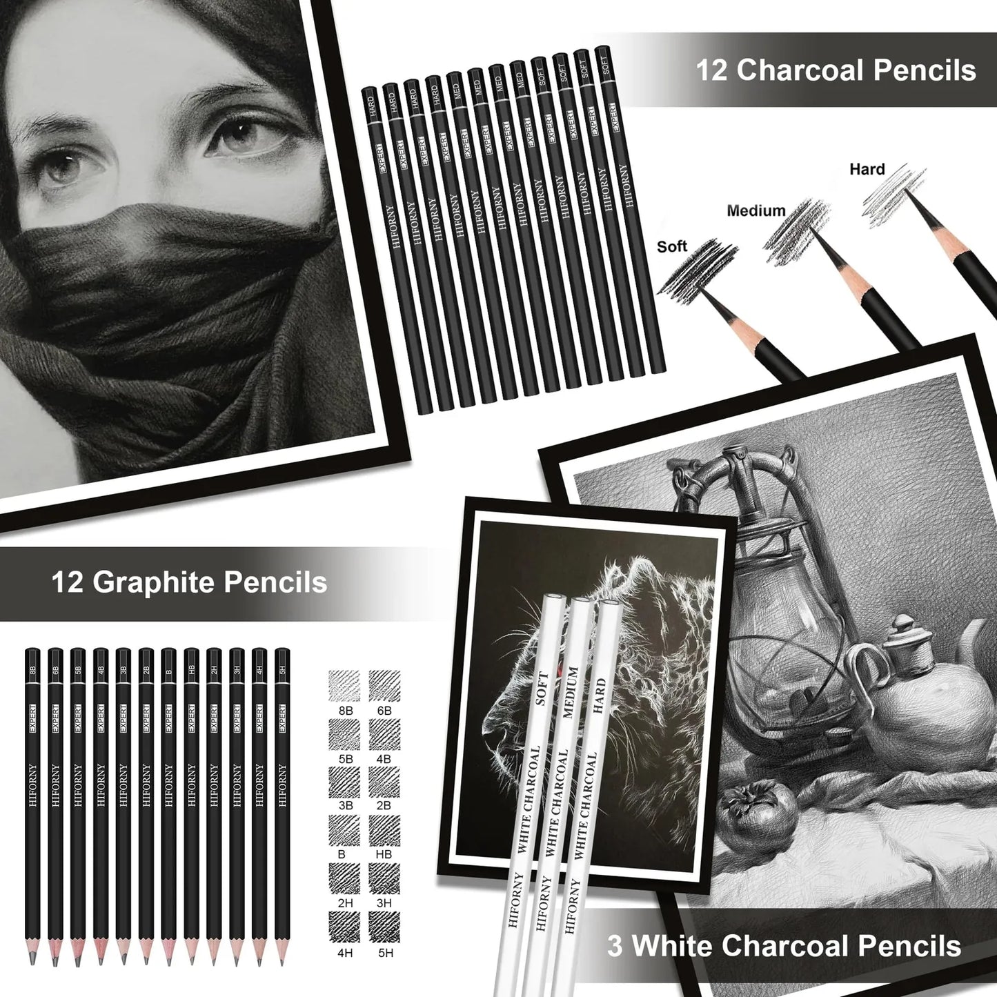 Kit Profesional 100 Piezas Dibujo Y Bocetos Con Lápices Grafito Carbón Y Acuarela