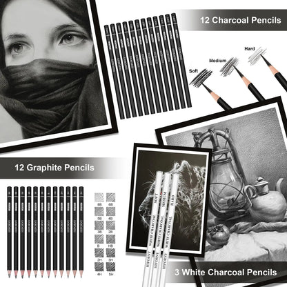 Kit Profesional 100 Piezas Dibujo Y Bocetos Con Lápices Grafito Carbón Y Acuarela