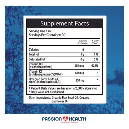 Vitamina Líquida Orgánica D3 5000IU + K2 Mk7 + Omega 3 Passion 4 Health Huesos Fuertes Y Músculos Saludables