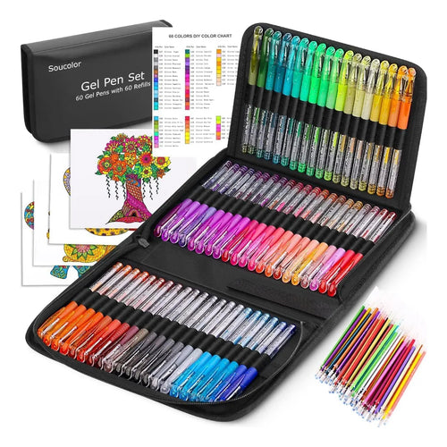 Boligrafos De Gel Con Purpurina Profesional 120 Und Soucolor Estuche Viaje