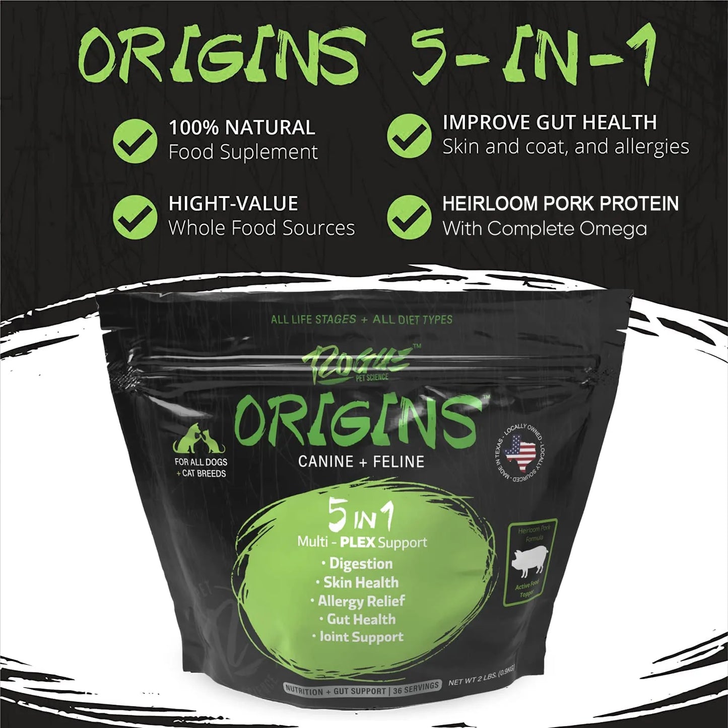 Polvo Nutritivo Para Perros 5 En 1 Origins Con Proteina De Cerdo Natural