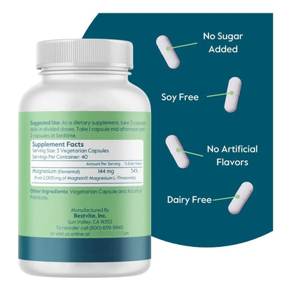 Magtein Magnesium L-Threonate 2000 Mg 120 Cápsulas Veganas Memoria Y Enfoque