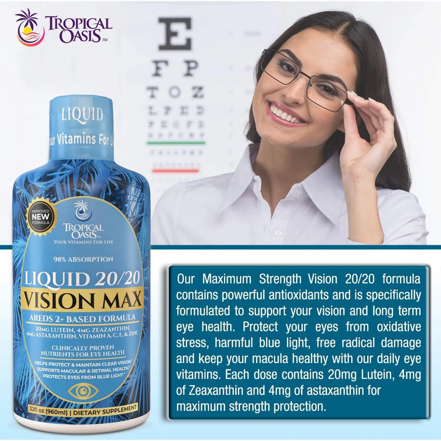 Liquid 20 20 Vision Fórmula Líquida Vitaminas Ojos Con Luteína Y Zeaxantina Máxima Absorción