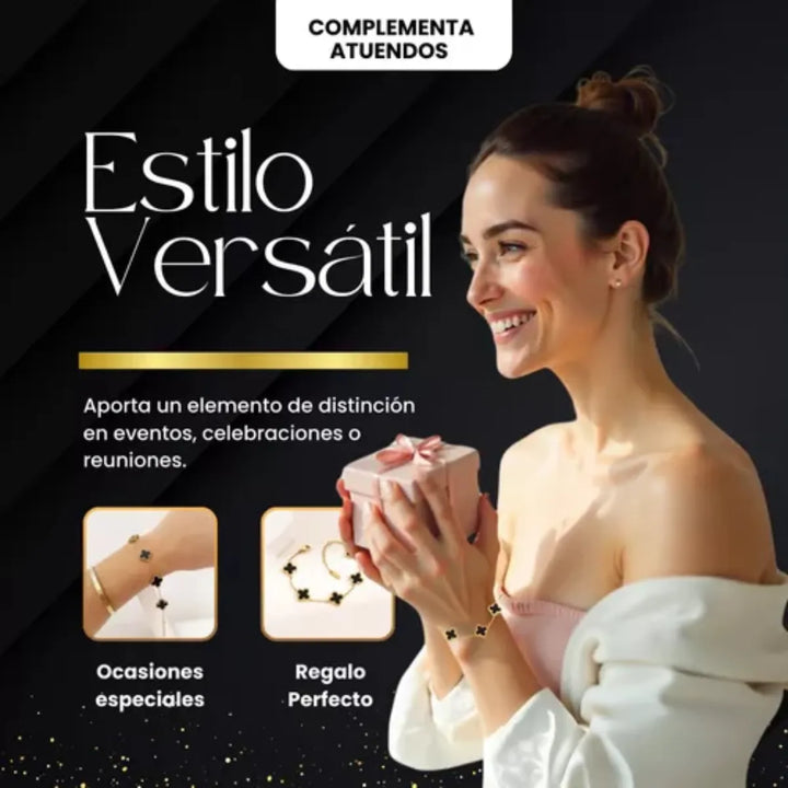 Elegante Pulsera Negra Trébol Cuatro Hojas Regalo Joyeria - Imagen 4