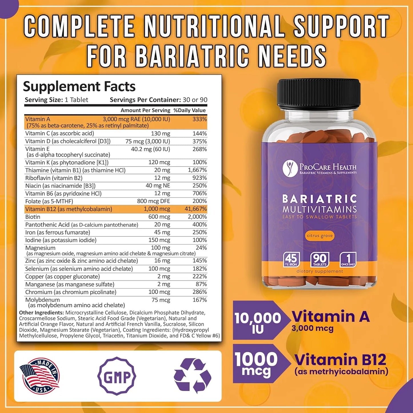 Multivitamínico Bariátrico Con Hierro 45 Mg 90 Tabletas Fáciles De Tragar
