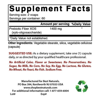 Prebióticos XOS Fibra 1400mg 120 Cápsulas Vegetales Mejora Tu Salud Digestiva