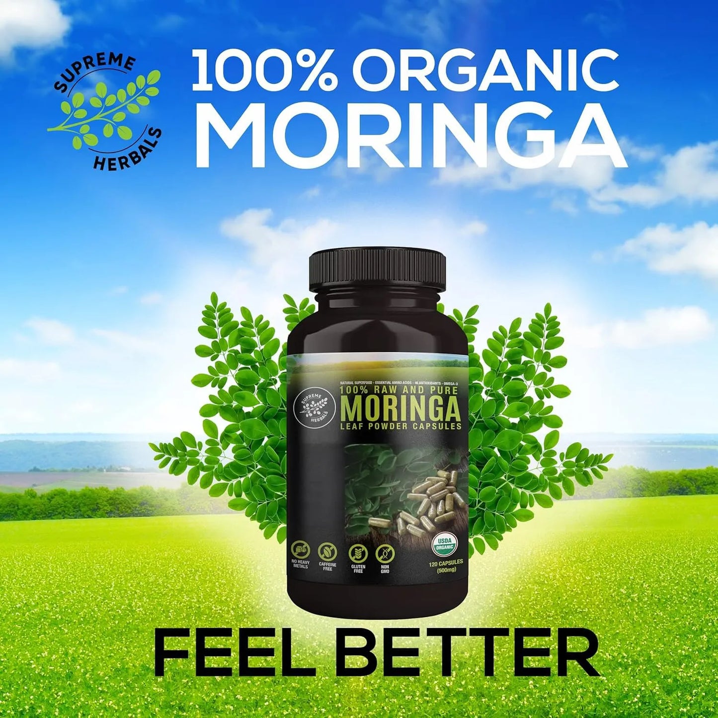 Capsulas De Polvo De Hoja De Moringa Organica 500 Mg 120 Unidades Superalimento Natural
