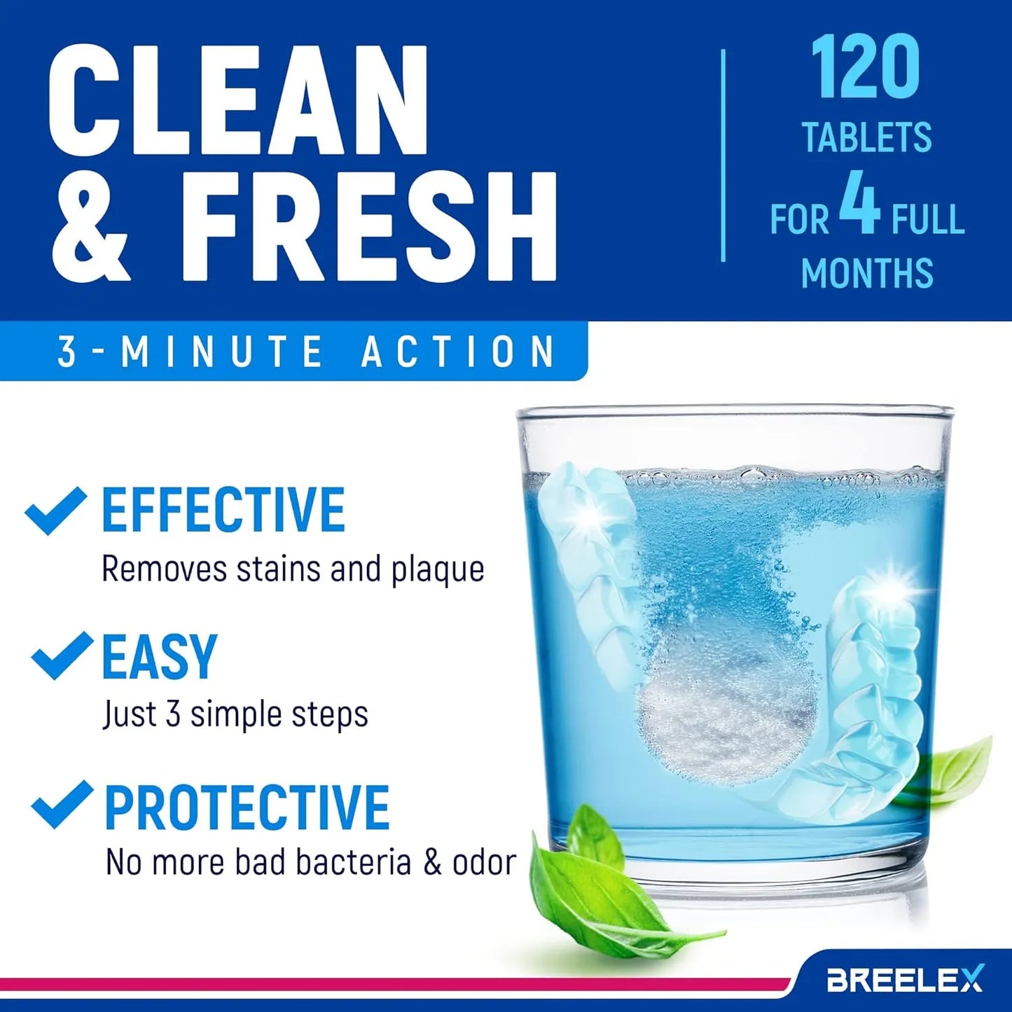 Tabletas Limpiadoras Dentaduras Breelex 120 Unidades Elimina Manchas Y Bacterias