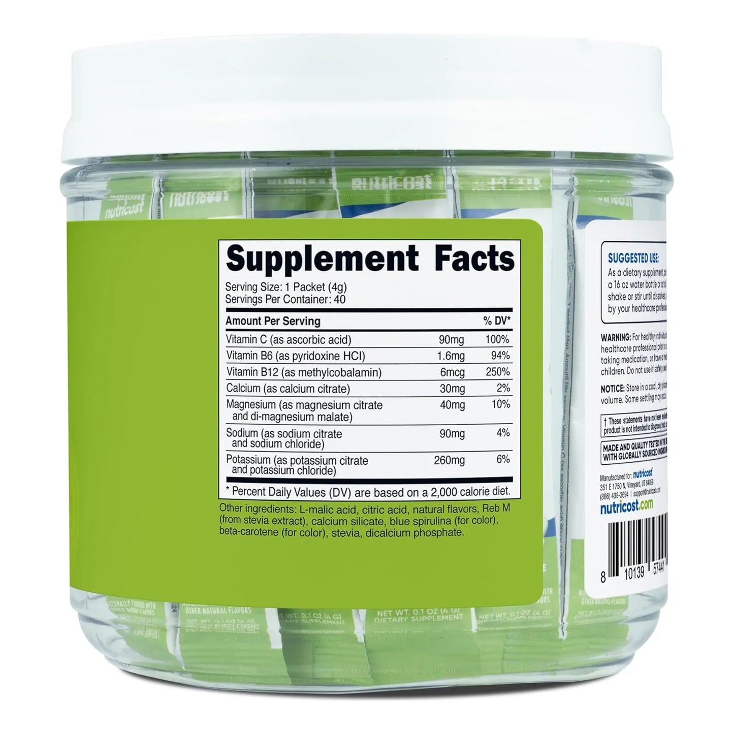 Complejo Electrolitos Hidratacion Avanzada Sabor Manzana Verde 40 Paquetes Nutricost