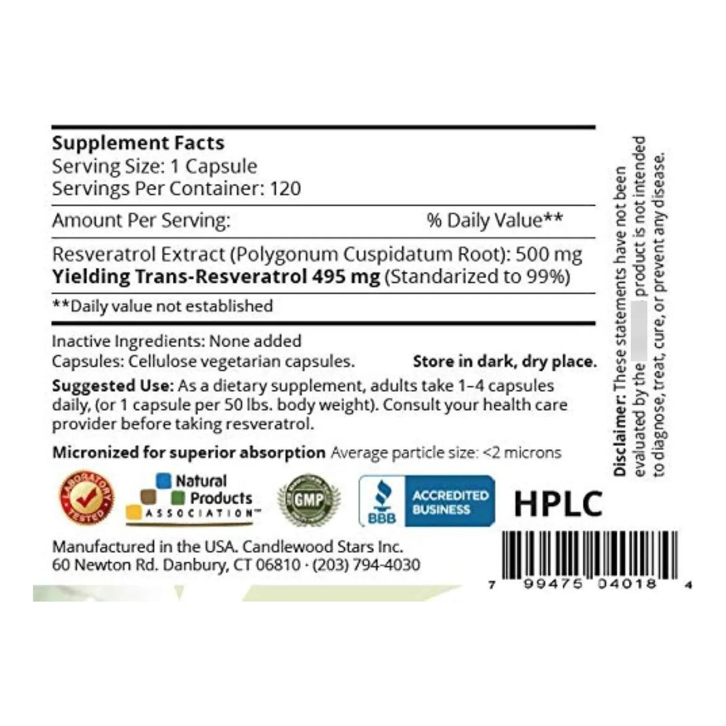 Resveratrol 500 Mg Grado Farmacéutico 120 Cápsulas Vegetales Puro Y Micronizado