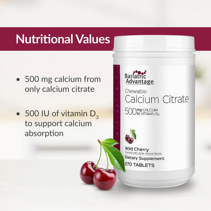 Citrato De Calcio Masticable 500 Mg Con Vitamina D3 Para Pacientes Bariátricos Sabor Cereza