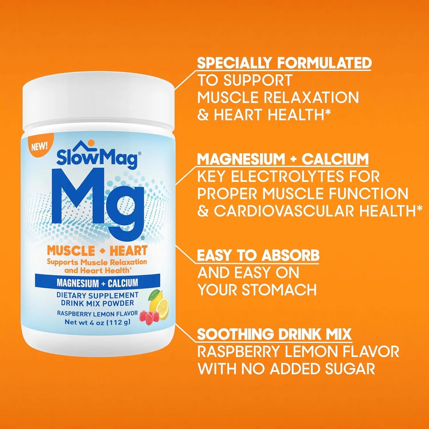 SlowMag Magnesio En Polvo Sabor Frambuesa Limon 4 Onzas Relajacion Muscular Y Corazon