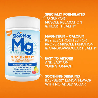 SlowMag Magnesio En Polvo Sabor Frambuesa Limon 4 Onzas Relajacion Muscular Y Corazon