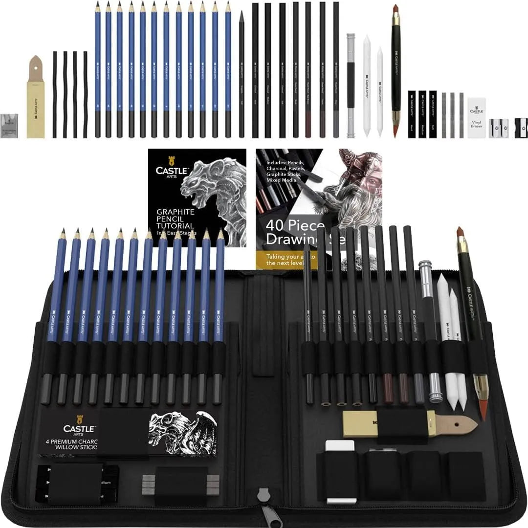 Set De 40 Lápices Profesionales Para Dibujo Grafito Carbón Y Pastel Con Estuche Y Guía