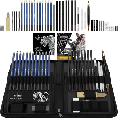 Set De 40 Lápices Profesionales Para Dibujo Grafito Carbón Y Pastel Con Estuche Y Guía