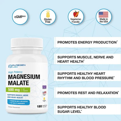 Malato De Magnesio 500 Mg 360 Capsulas Vegetales Absorcion Superior Puregen Labs