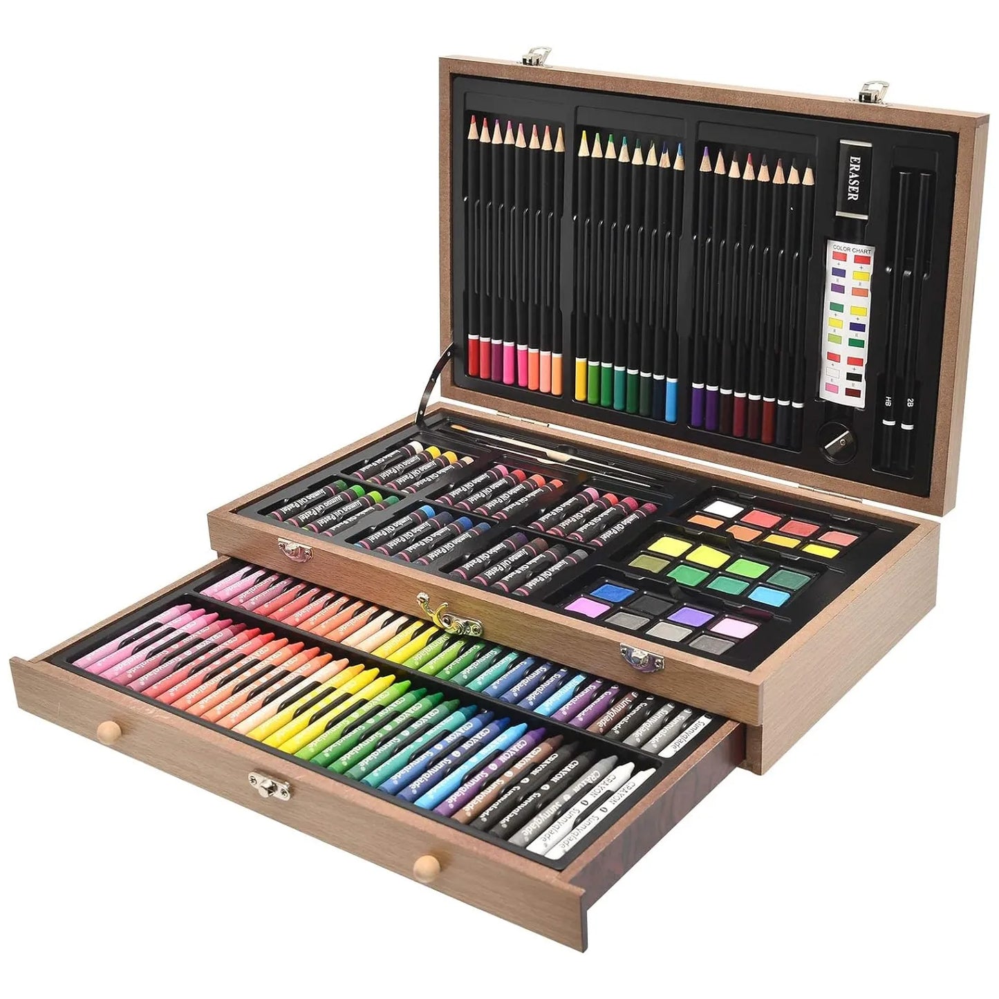 Juego De Arte De Lujo 145 Piezas Caja Madera Kit Dibujo Y Pintura Completo