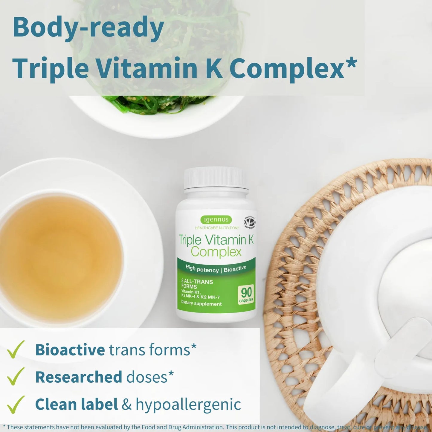 Complejo Avanzado De Vitamina K 2700 Mcg K1 K2 MK4 MK7 Bioactivo Vegano 90 Capsulas