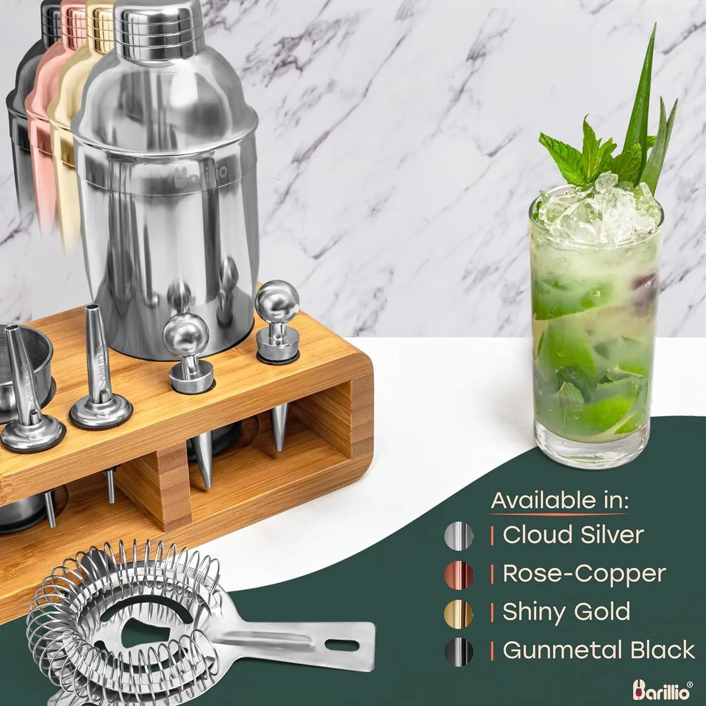 Kit De Cocteleria Bartender 23 Piezas Soporte De Bambu Barillio Premium