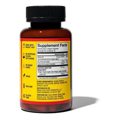 Cápsulas De Vinagre De Sidra De Manzana Bragg Con Vitamina D3 Y Zinc 750 Mg