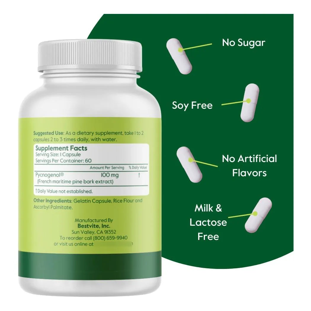 Pycnogenol 100 Mg 60 Cápsulas Extracto Corteza Pino Marítimo Francés Antioxidante
