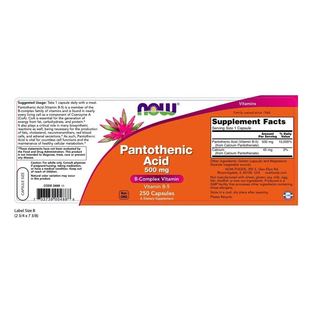 Ácido Pantoténico 500 Mg 250 Cápsulas Energía Piel Saludable Metabolismo