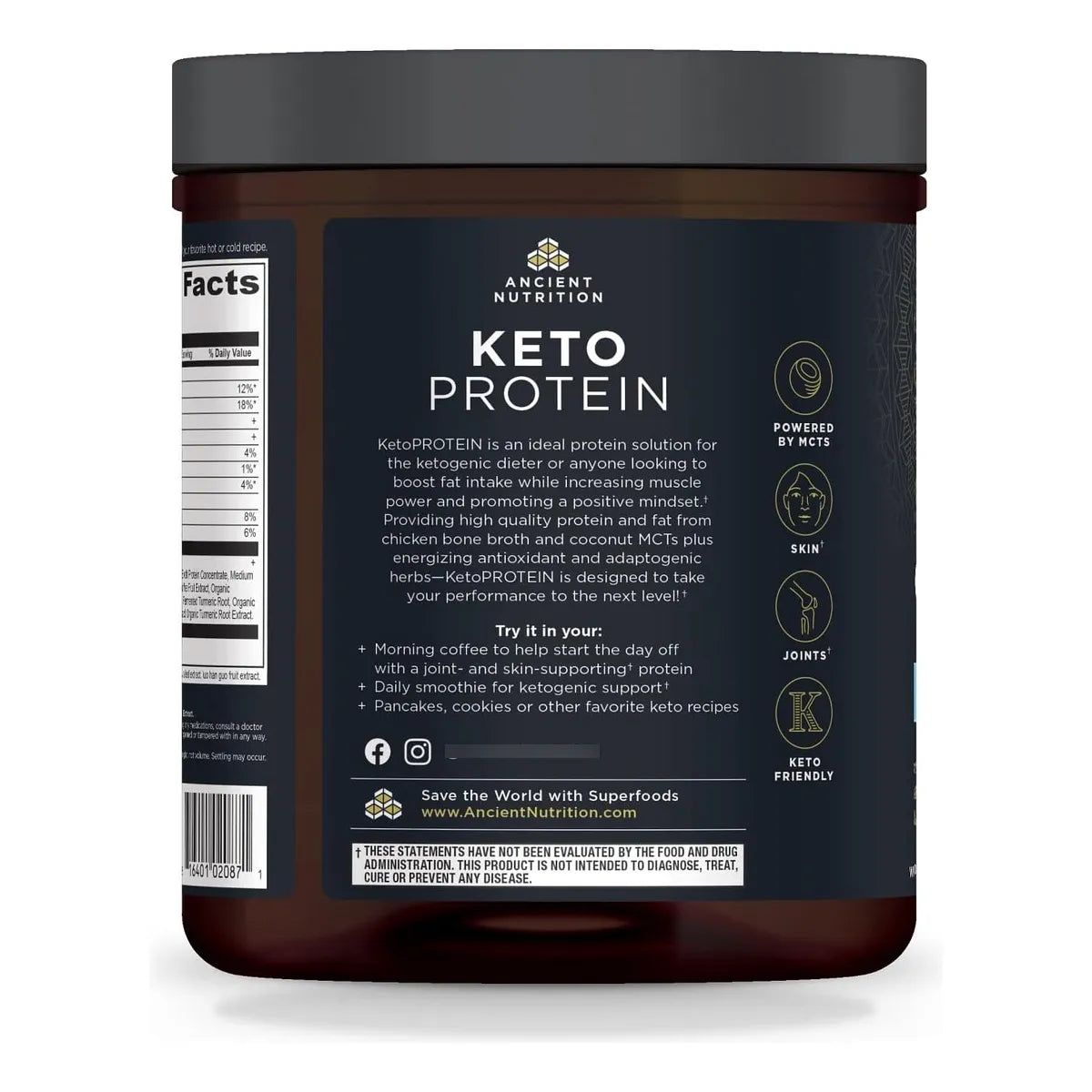 Proteínas Keto Vainilla Ancient Nutrition 450g Polvo Cetogénico Energía Y Cetosis