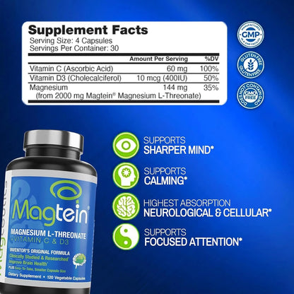 Magnesio L Treonato Magtein 120 Capsulas Memoria Concentracion Sueño Salud Cerebral