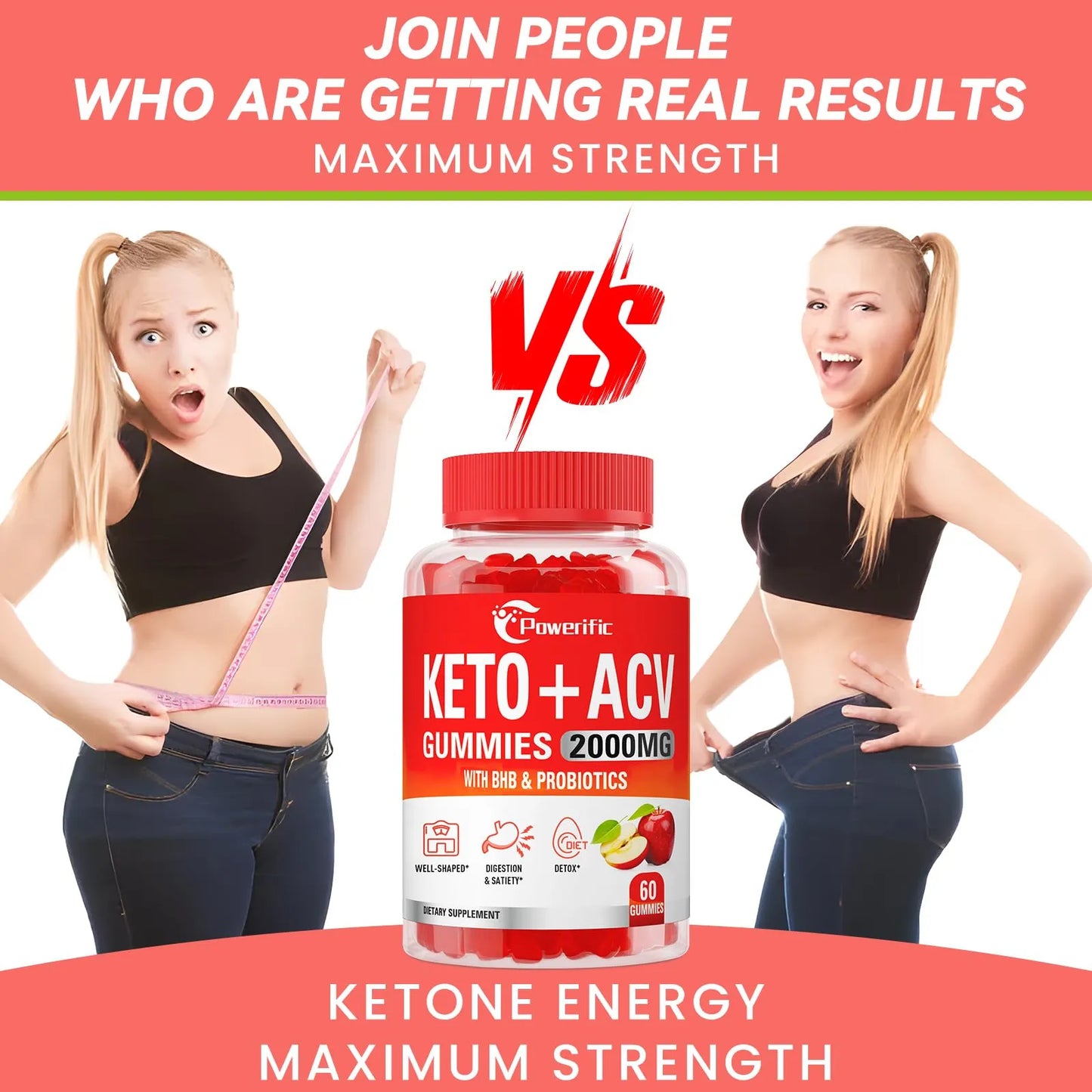 Gomitas De Vinagre De Sidra De Manzana Keto ACV 2000 Mg Con Probióticos Y Vitamina B12 Para Digestión Y Energía