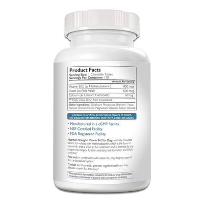 Vitamina B12 Folato Calcio Para Perros 120 Tabletas Masticables Sistema Nervioso Y Energía