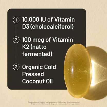 Vitamina D3 10000 Ui Con K2 200 Mcg Aceite De Coco Orgánico 30 Cápsulas