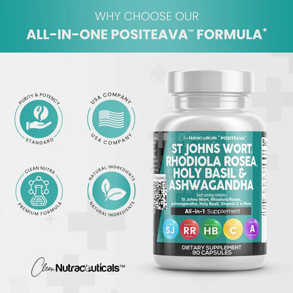 Suplemento St Johns Wort Rhodiola Rosea Holy Basil Ashwagandha 90 Capsulas Apoyo Estado Animo