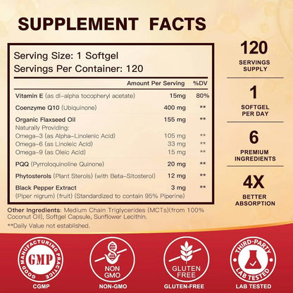 Coenzima Q10 400mg Con PQQ Omega 3 Y Vitamina E Suplemento Energía Cardíaca