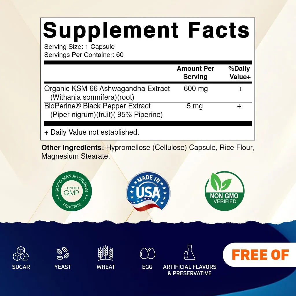 KSM 66 Extracto De Raíz De Ashwagandha Con Bioperina 600 Mg 60 Cápsulas Energía Y Bienestar
