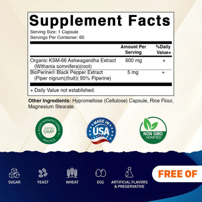 KSM 66 Extracto De Raíz De Ashwagandha Con Bioperina 600 Mg 60 Cápsulas Energía Y Bienestar