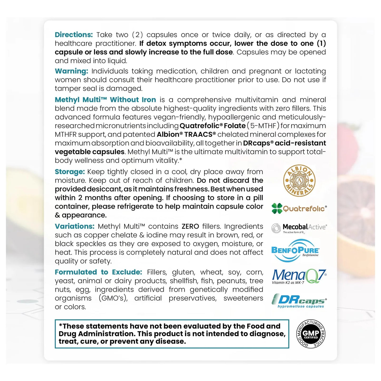 Multivitaminico Metilado Sin Hierro 60 Dias Metil B12 5 MTHF Apoyo MTHFR