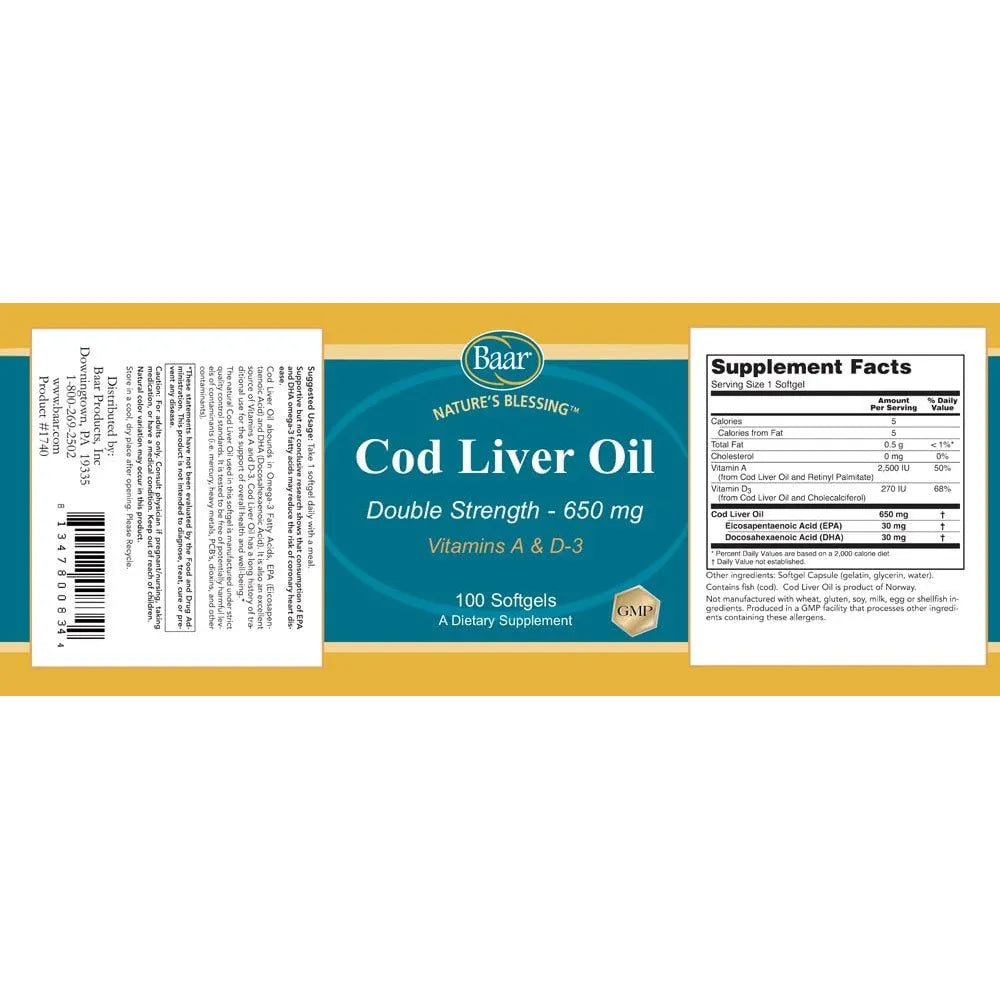 Capsulas Aceite Higado Bacalao 100 Unidades Con Omega 3 EPA DHA Vitaminas A D3