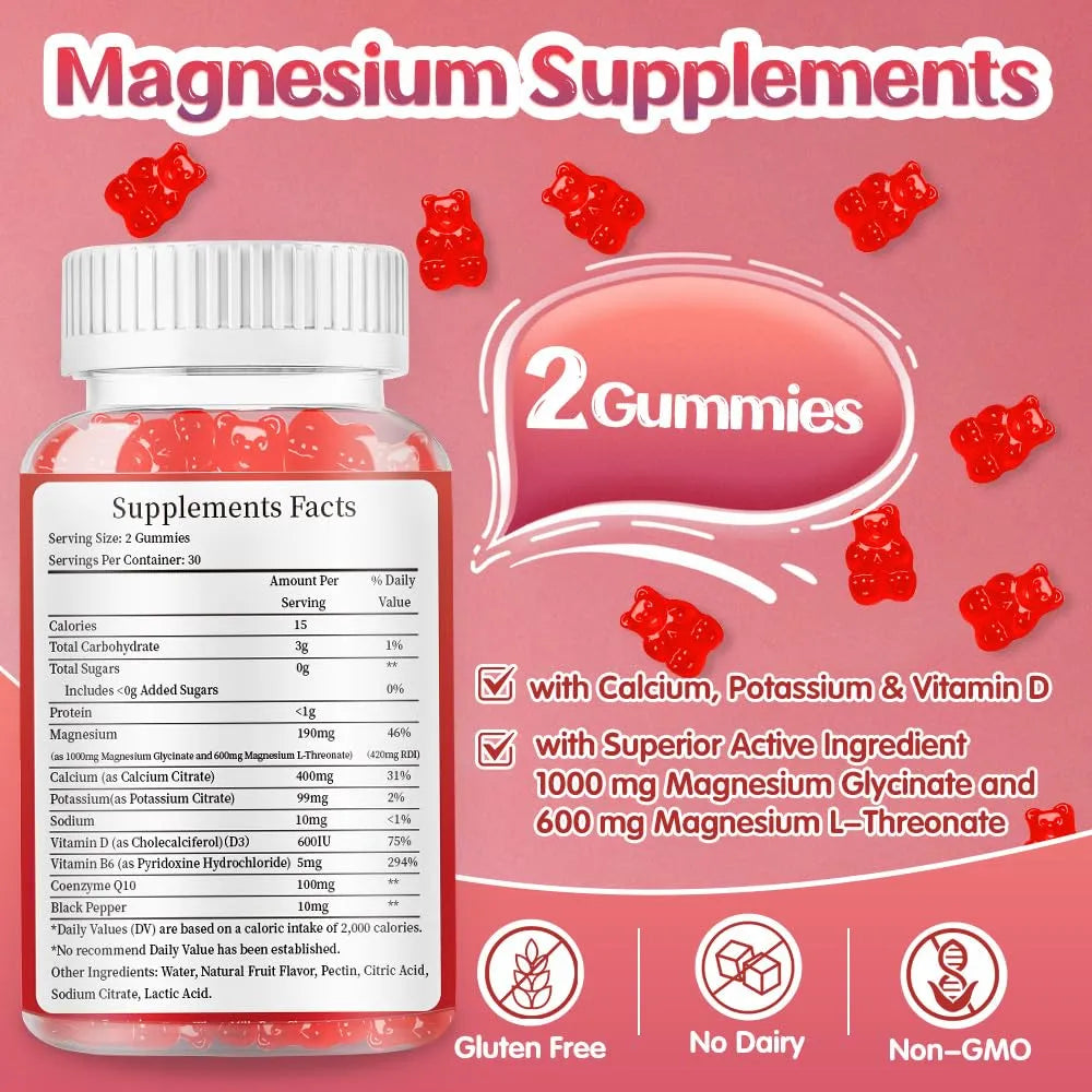 Gomitas De Glicinato De Magnesio 500 Mg Con L Treonato Vitamina D B6 Coq10 Vegano 60 Unidades